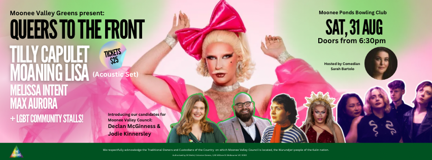 Queer to the Front promo banner pink green and white