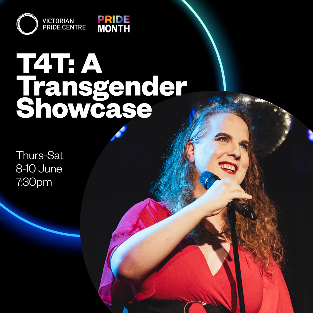 words T4T a transgender showcase picture of Anna Ppiper-Scott in red dress holding a microphone