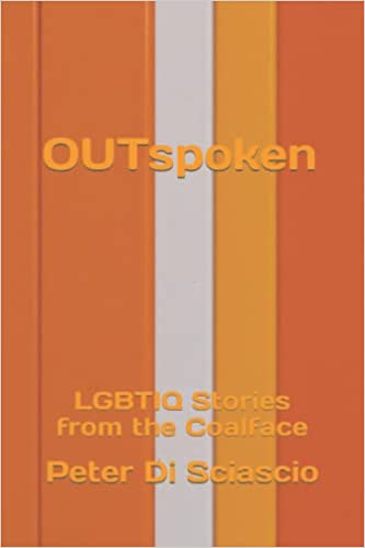 book cover for Outspoken organge white yellow vertical stripes