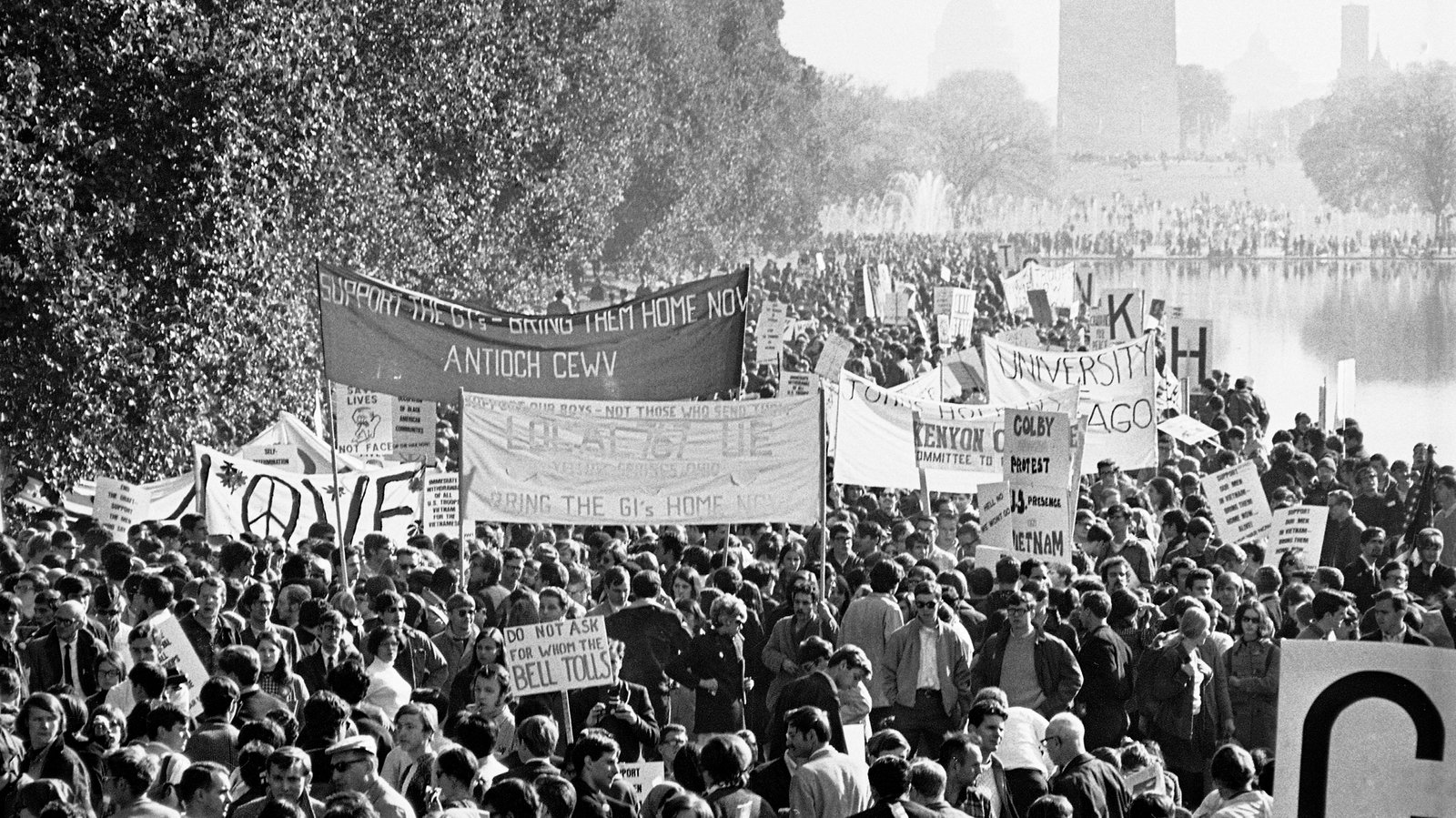 black and white image of large anti-Vietnam protest