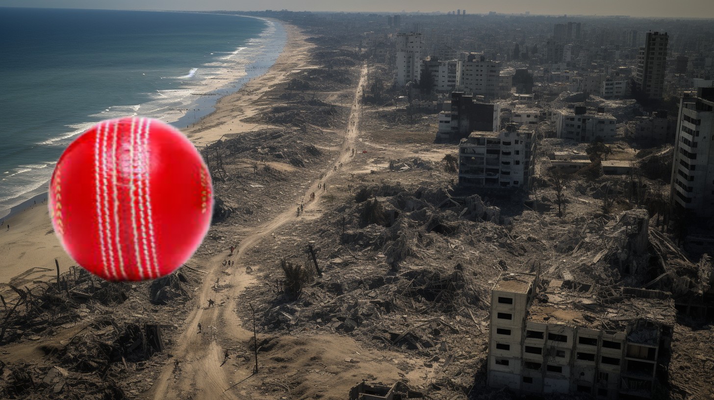 A red cricket ball hovers in the sky above Northern Gaza.