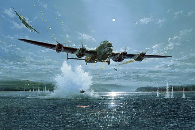 Dambuster war plane flying over a body of water and dropping a bomb