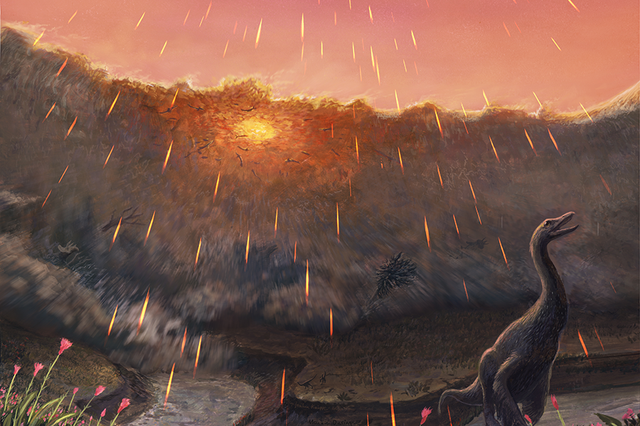 Artist's reconstruction of the extinction event at Tanis. Note the fish in the massive seiche wave in the background, while impact spherules rain from the sky (image by Joschua Knüppe, via Uppsala University)