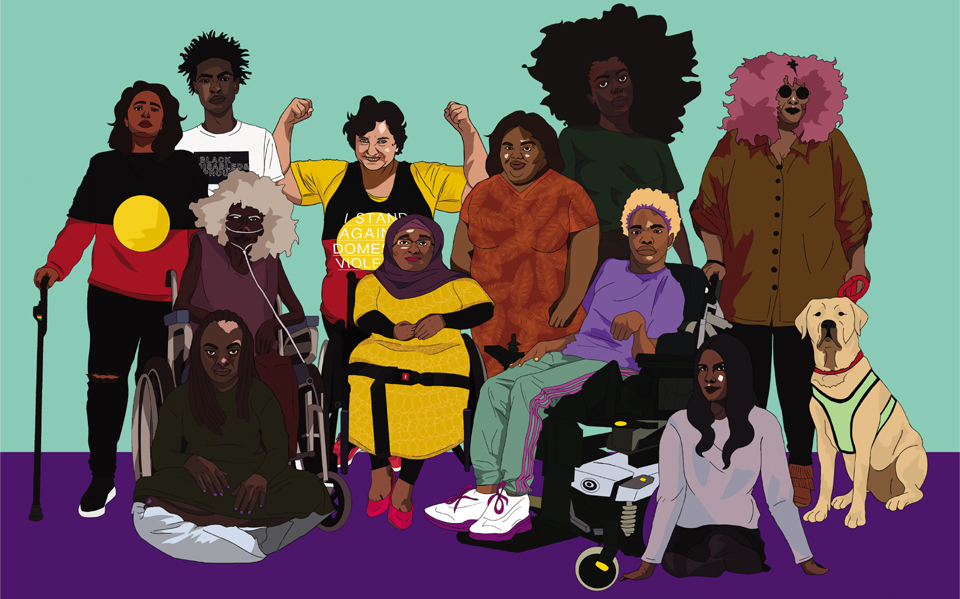 Poster art for 3CR Disability Day Broadcast 2019 by Rukaya Springle (aka clitories).   IMAGE DESCRIPTION: A colourful digital illustration of a group of people with different visible and invisible disabilities, gathered together in a group. They have different skin tones, and appear to be different ages. One of the people illustrated is Jane Rosengrave; she is flexing her biceps and wearing an Aboriginal Flag t-shirt.