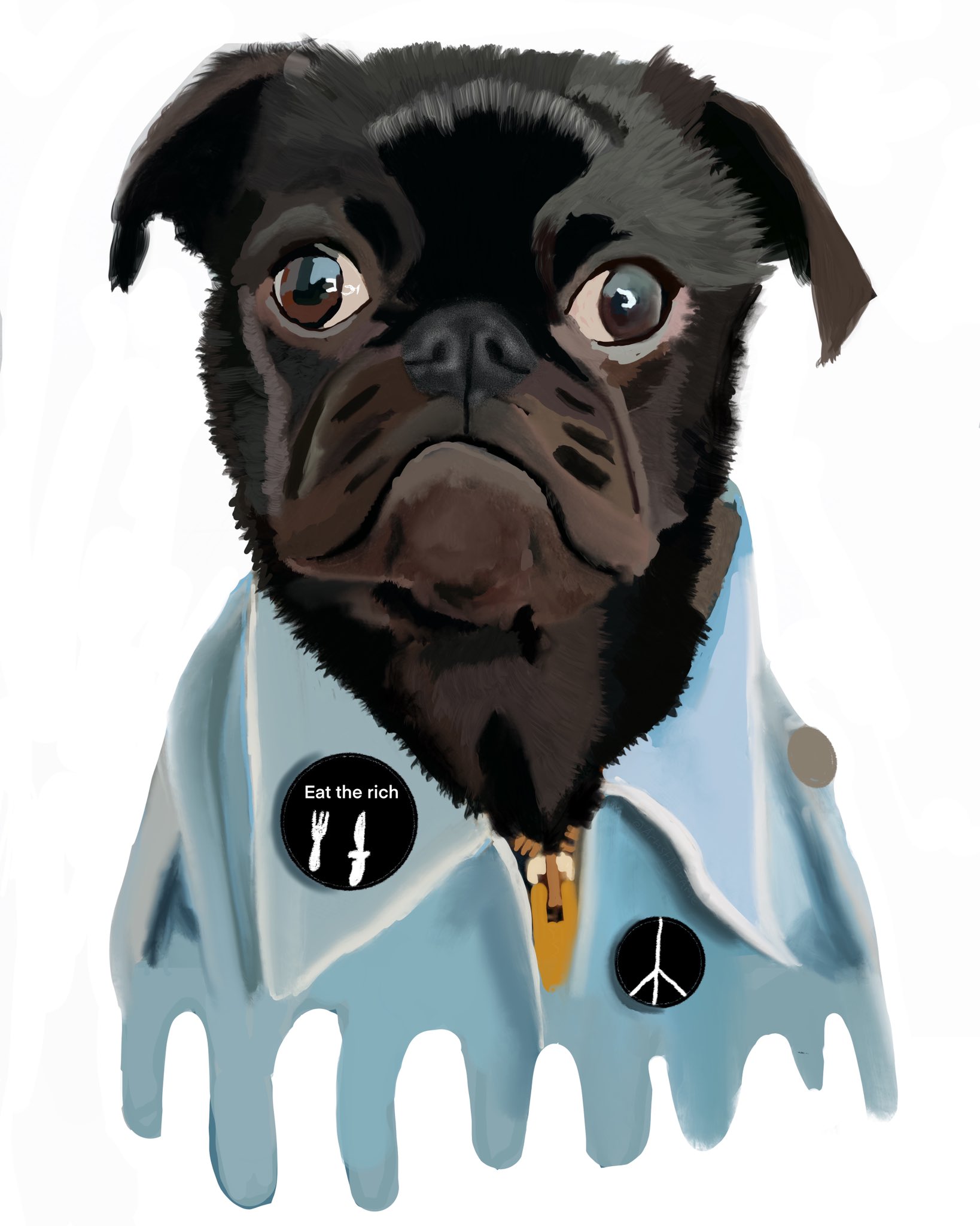 A digitally painted bust of a black pug wearing a blue collared shirt fastened by a gold zipper. The shirt is decorated with two black badges, one of which features a drawing of a knife and fork and the text "eat the rich," while the other has a peace sign.