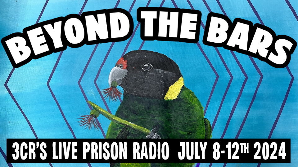 blue watery image with a native bird parrot holding a gum tree branch. Text reads 'beyond the bars'