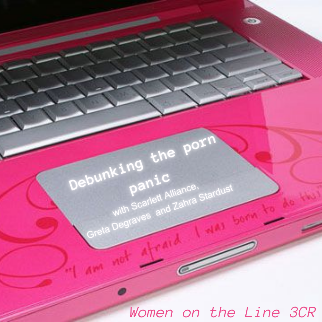 Image of a pink laptop with silver keys. on the mouse key is text 'debunking the porn panic with scarlett alliance, greta degraves and zahra stardust'