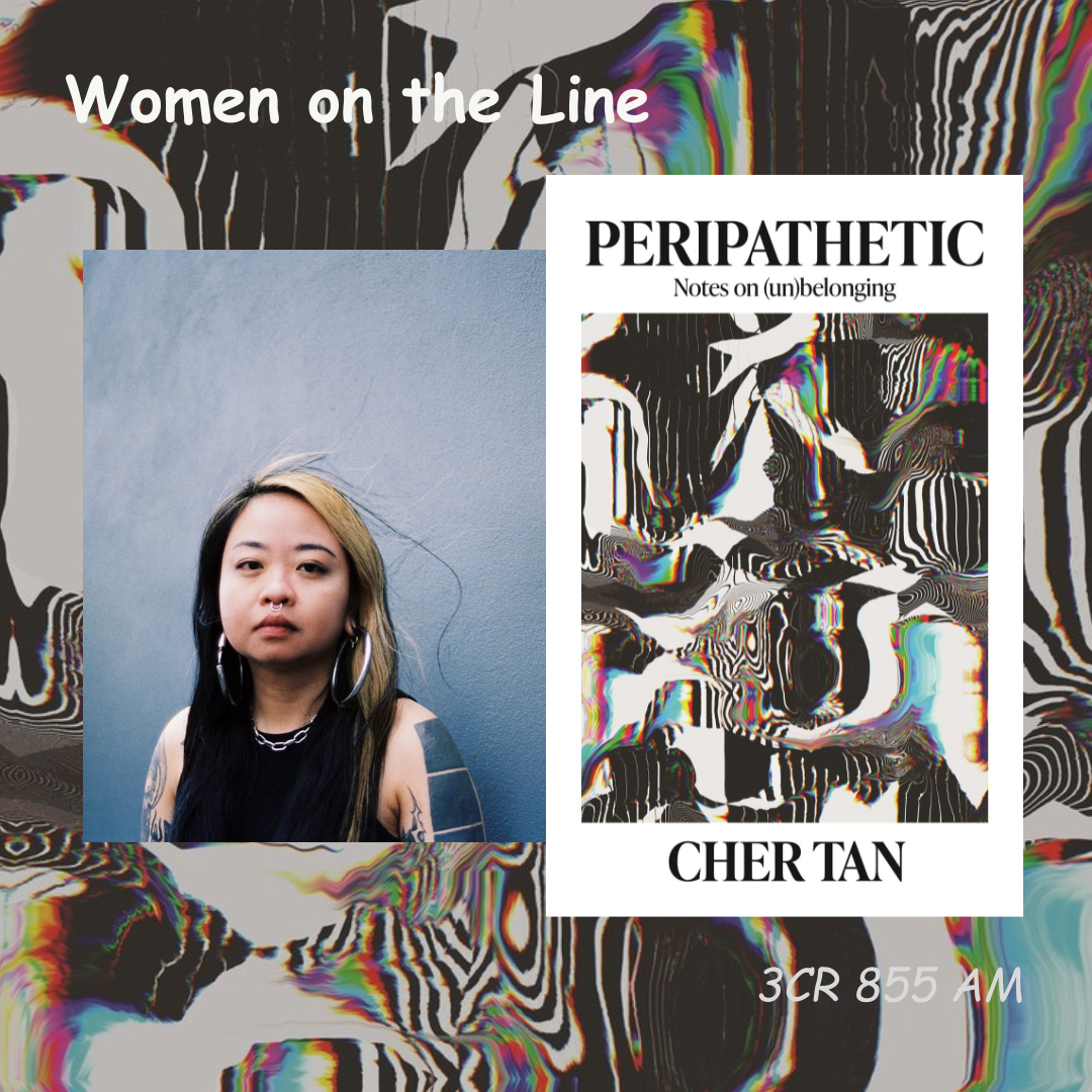 collage featuring a swirly static background. Image of an Singaporean woman with bleached blonde hair and black hair looking blankly into the camera. Next to her is a book she published titled 'Peripathetic'