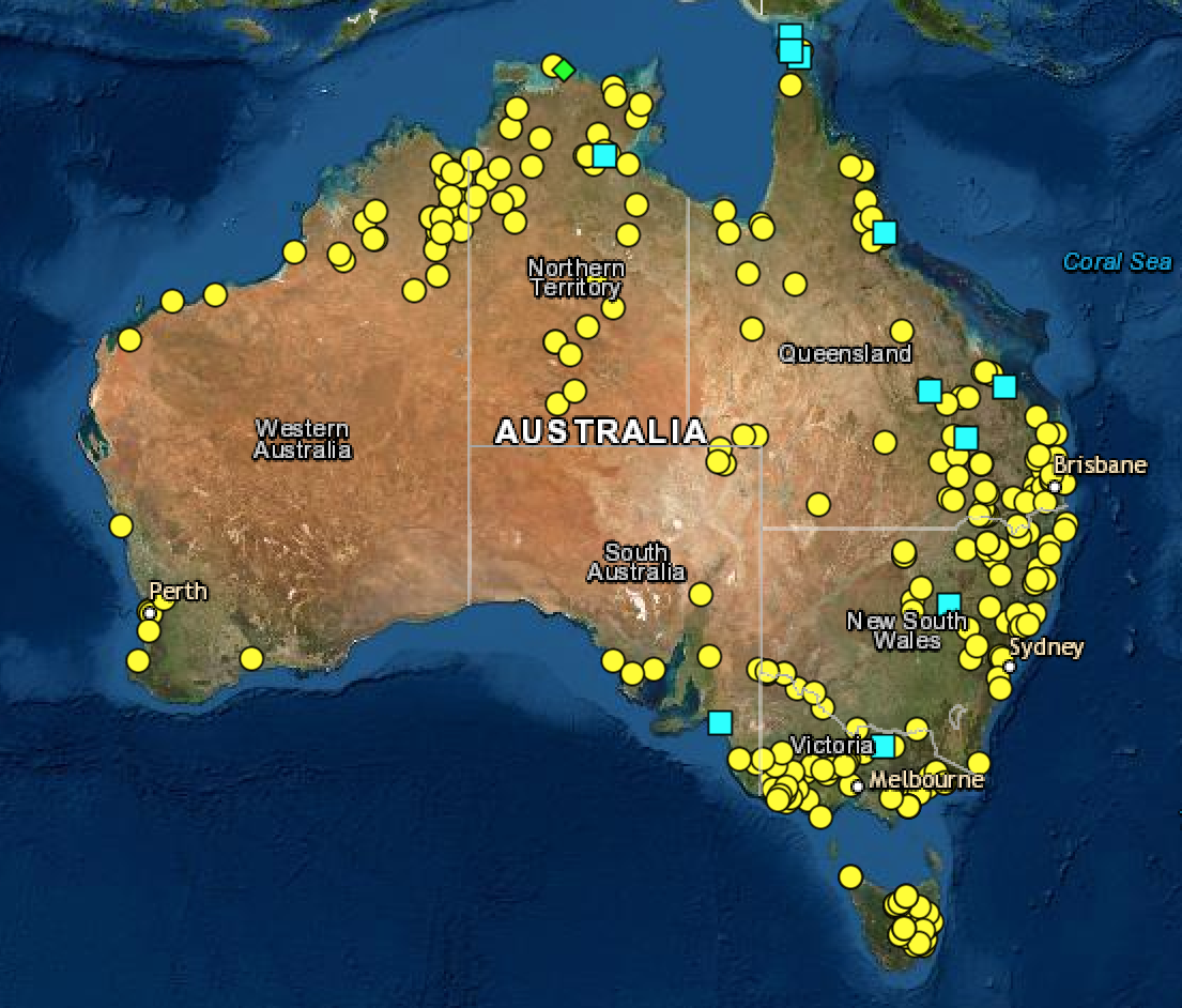 A map of Australia showing sites of Colonial Frontier Massacres