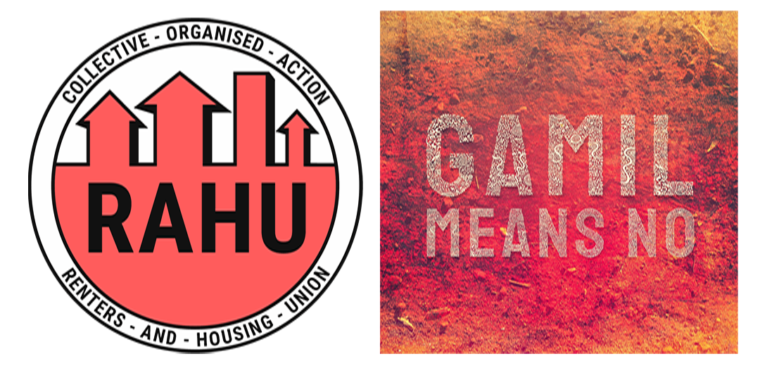 Renters and Housing Union logo and Gamil Means No overlaid on red earth