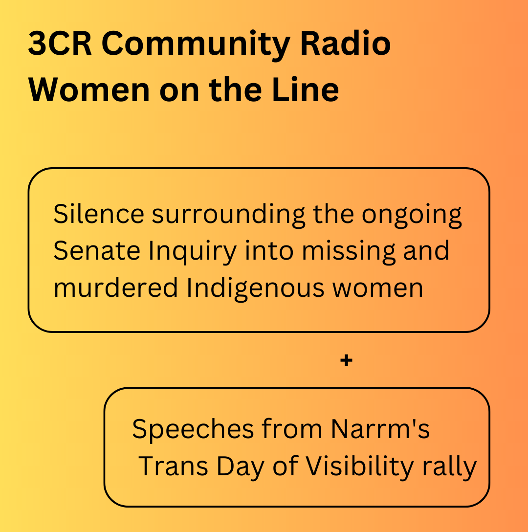 Black text on a warm orange background reads "3CR Community Radio, Women on the Line, Silence surrounding the ongoing Senate Inquiry into missing and murdered Indigenous women + Speeches from Narrm's Trans Day of Visibility rally”