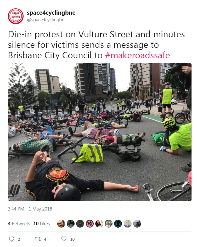 space4cyclingbne: Die-in protest on Vulture Street and minutes silence for victims sends a message to Brisbane City Council to #makeroadssafe