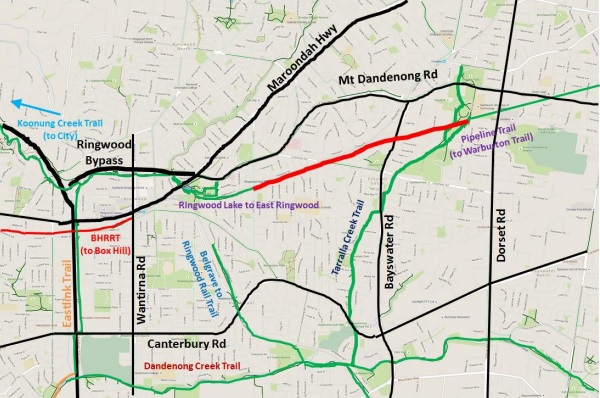 East Ringwood to Croydon This simple link along the railway and the O’Shannassy pipeline shall link Box Hill to Ringwood Trail, the Koonung Creek Trail and the Eastlink trail to the Carrum to Warburton link