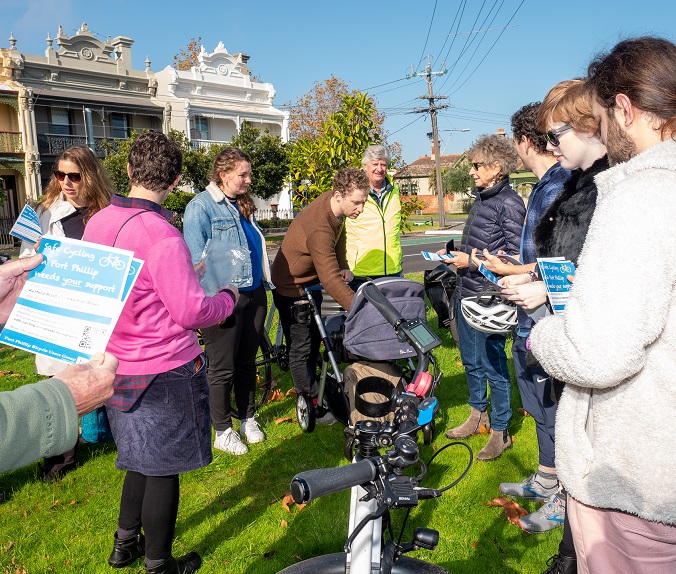 Supporters of Kerferd Road bike lane gathering on the median of Kerferd Road, May 2023. Image: Michael Hossen