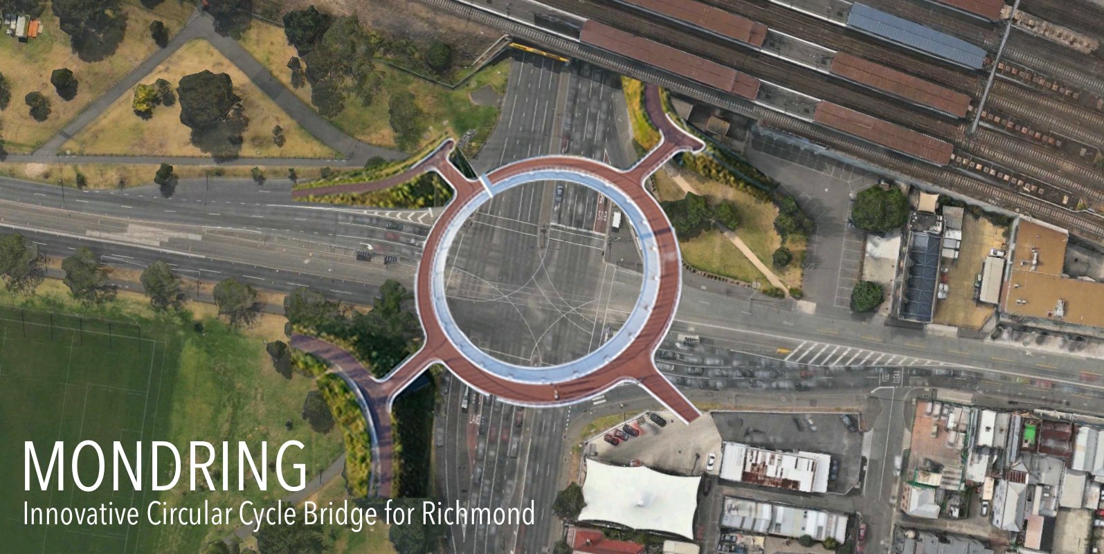 Mondring is an elevated path proposed for Richmond, based on the Hovenring in Eindhoven, The Netherlands. It’s intended for the Punt Road / Swan Street intersection, complementing the proposed intersection redevelopment.