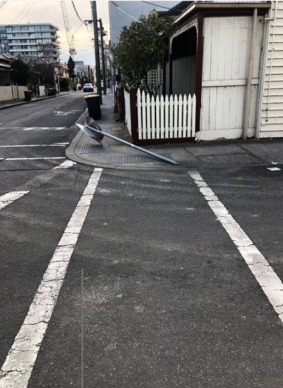 Sign pole struck corner Balmain St & non-compliant pedestrian crossing. Image supplied.