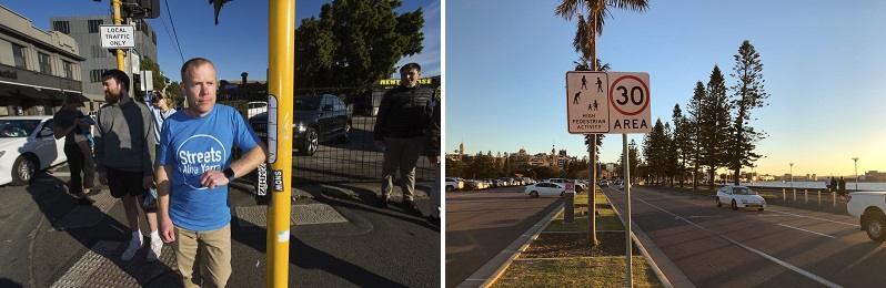 First image: Jeremy Lawrence (Streets Alive Yarra) is pushing for more pedestrian crossings and wider footpaths in his suburb. Credit: Paul Jeffers. Second image: supplied by Matthew Mclaughlin from The Conversation article