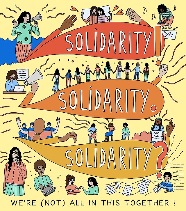 A word-art illustration featuring Art+Feminism’s 2023-2024 campaign theme: “Solidarity! Solidarity. Solidarity?: We're (not) all in this together!” The illustration has a pale-yellow background. Three speech bubbles, layered vertically, are at the illustration’s center. Each speech bubble contains white, hand-lettered versions of the word “solidarity” with different punctuation. The top speech bubble is tomato-red and contains the word “Solidarity!” The middle speech bubble is orange and contains the word “