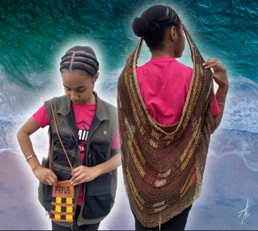 A young West Papuan woman sports the Noken bag, wearing it around her shoulder and around her head.