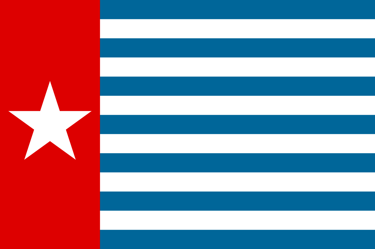 The West Papuan Morning Star flag. The flag consists of a narrow red vertical panel on the left with a large white star in the centre, with alternating blue and white stripes on the right.