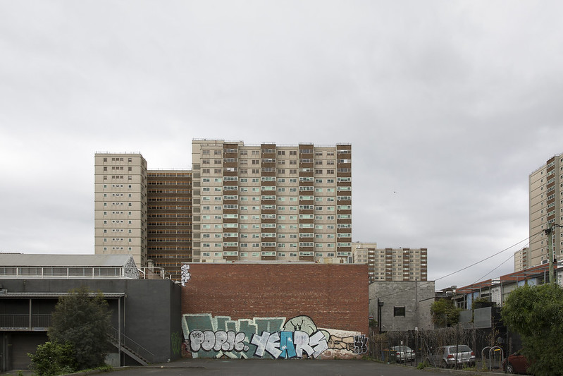 Photograph of a highrise commission housing building in Melbourne. 