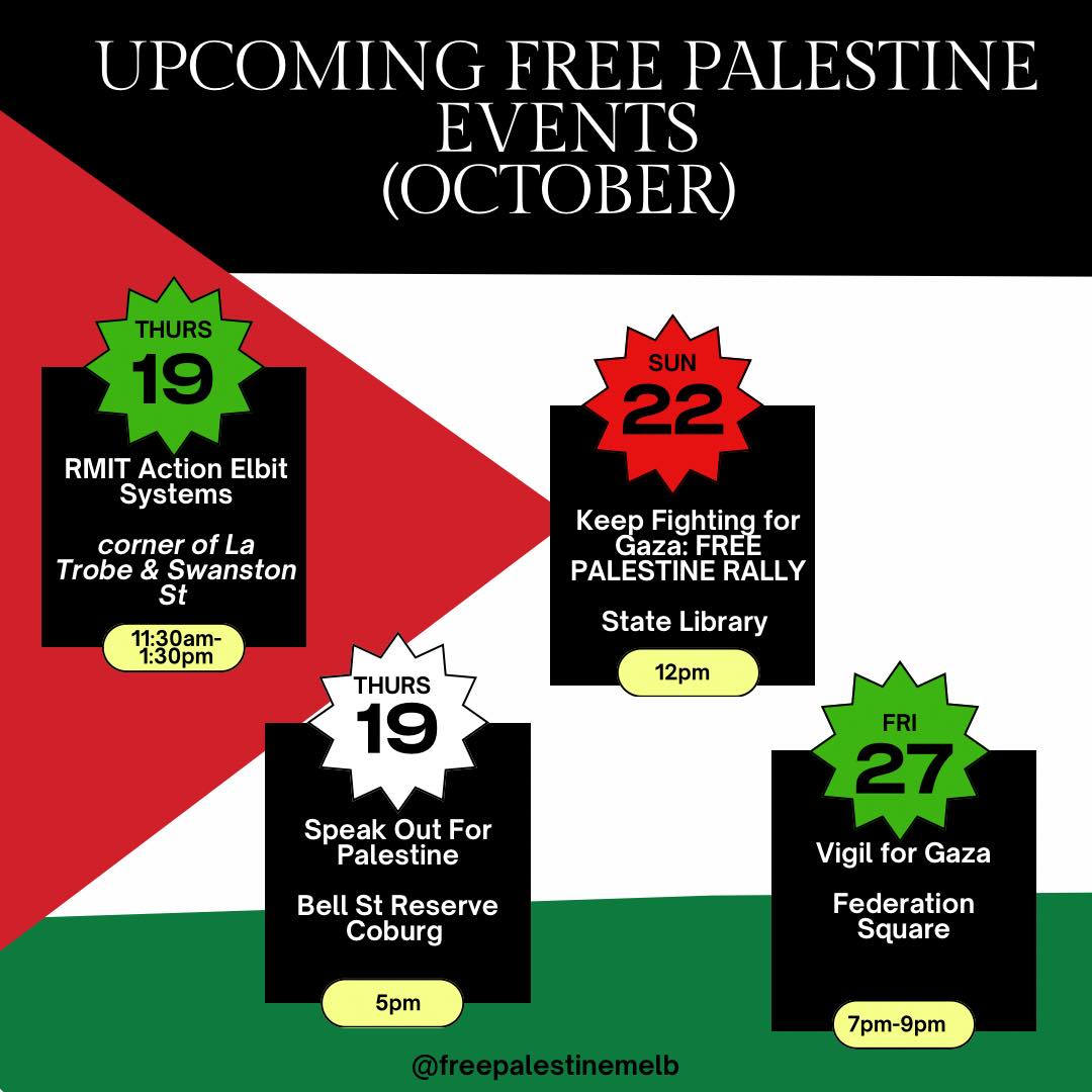 Poster advertising upcoming events in solidarity with Palestine in Naarm.