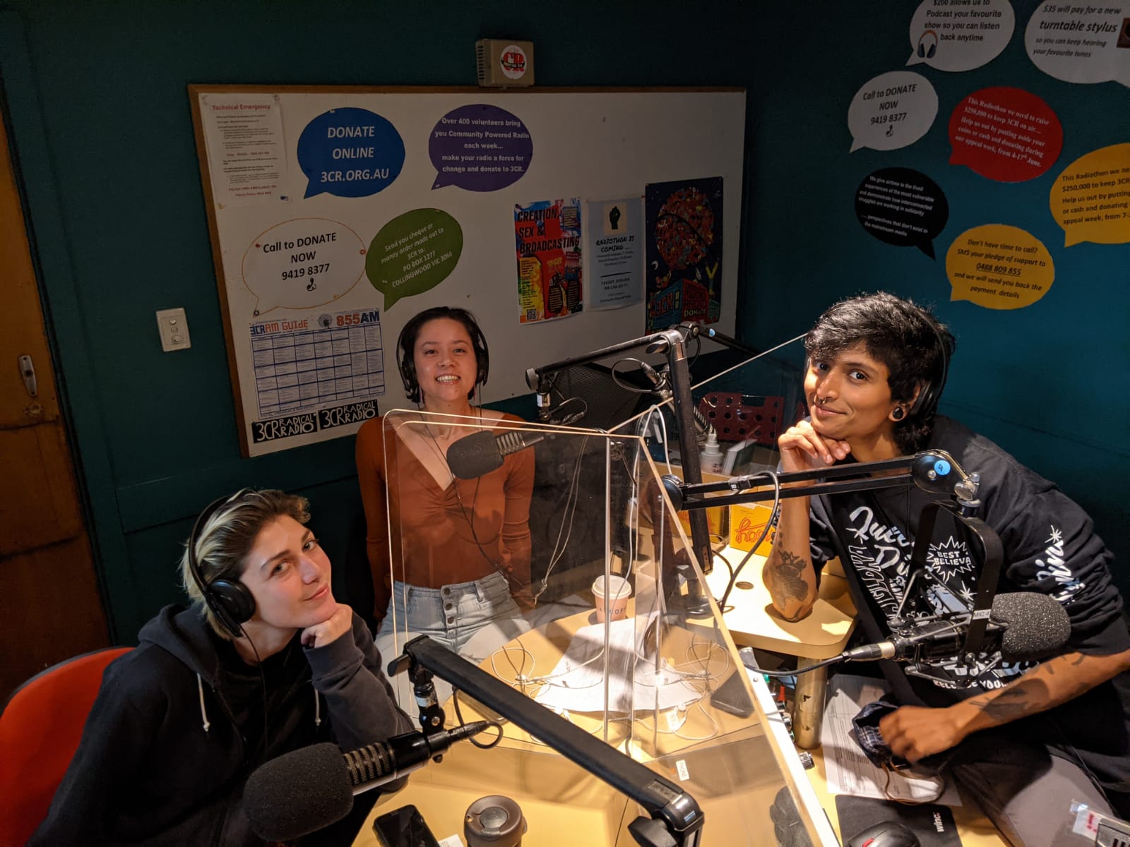 Photo of Rosie, Carly and Priya in the studio