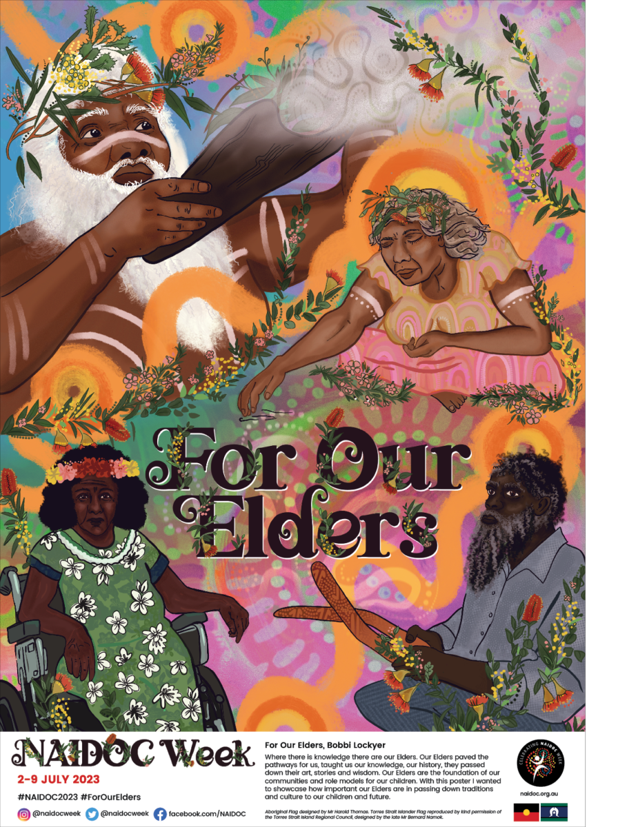 Colourful background with four elders with the title For Our Elders