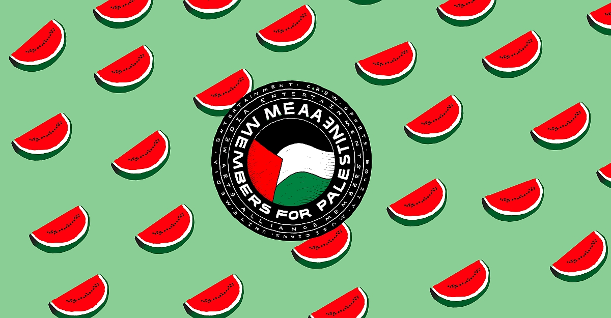 MEAA Members for Palestine. Black circle with Palestinian flag in the middle with white lettering reading MEAA Members for Palestine. Green background with watermelon slices. 