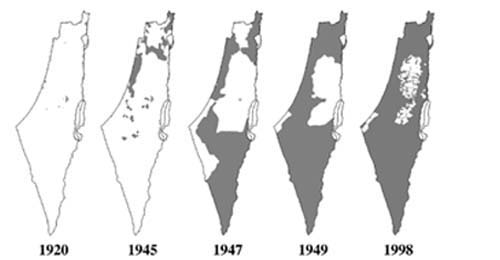 Figure 2 from "Sharing the Land of Canaan", 2004, Mazin Qumsiyeh: This is the first depiction of the shrinking map of Palestine which was developed by Prof. Qumsiyeh and his son (based on shrinking map of USA) and then was adopted and used widely around the world.