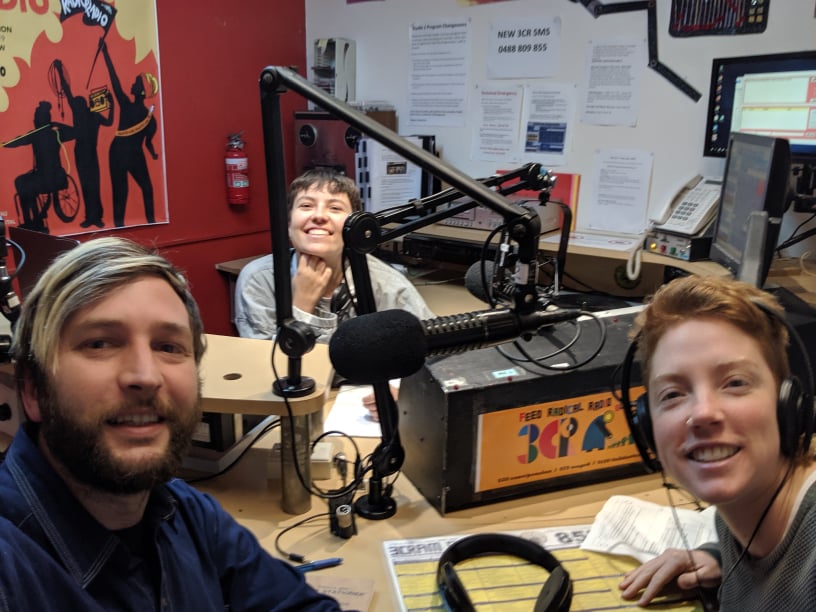 Megan, Pat and Em from Friends of the Earth in the 3cr studio