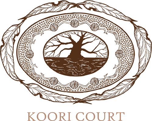 Koori Court Logo: A tree in an oval, surrounded by gum leaves