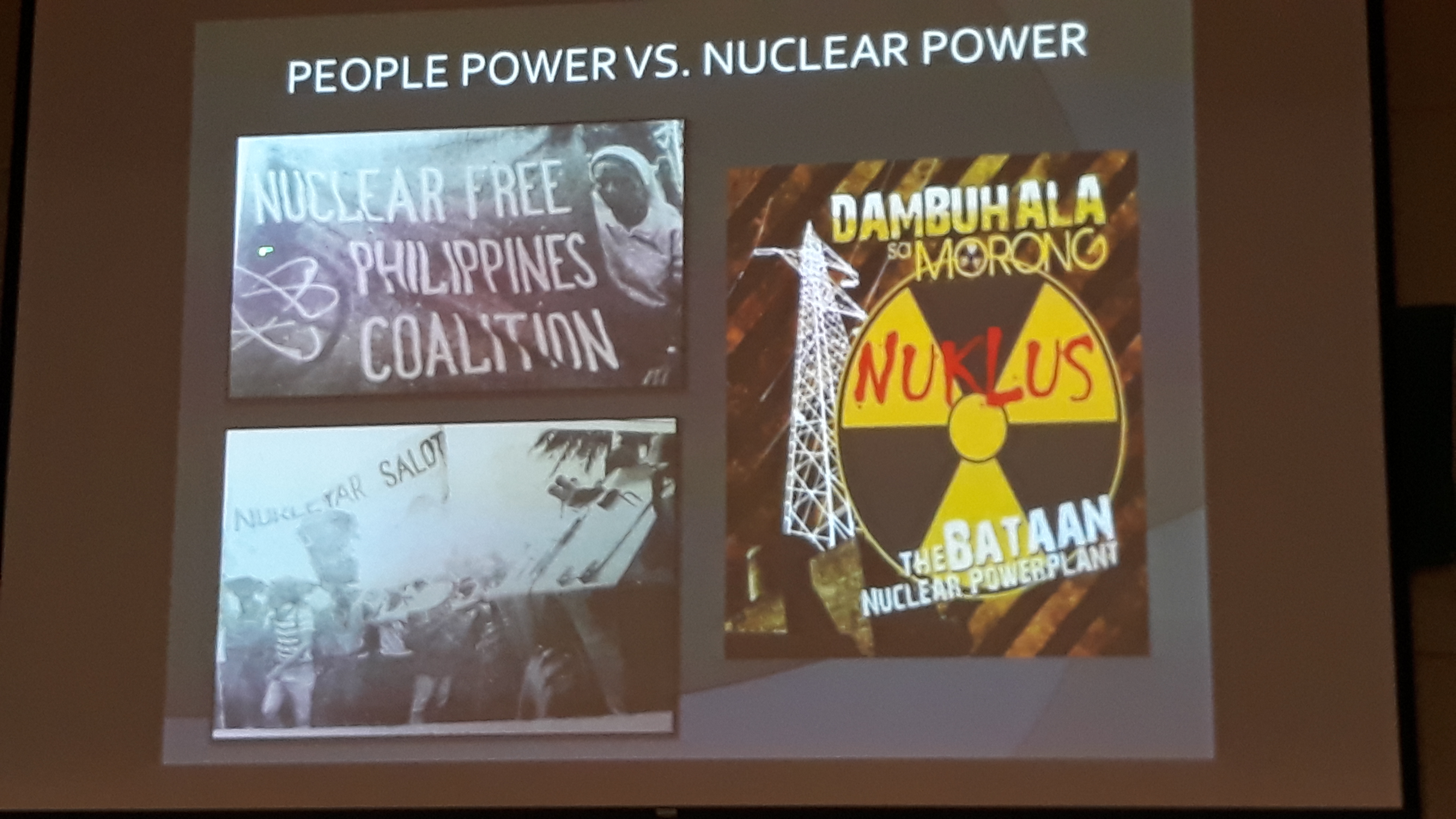 A screen from a presentation that says "People power vs nuclear power" with three pictures of people protesting