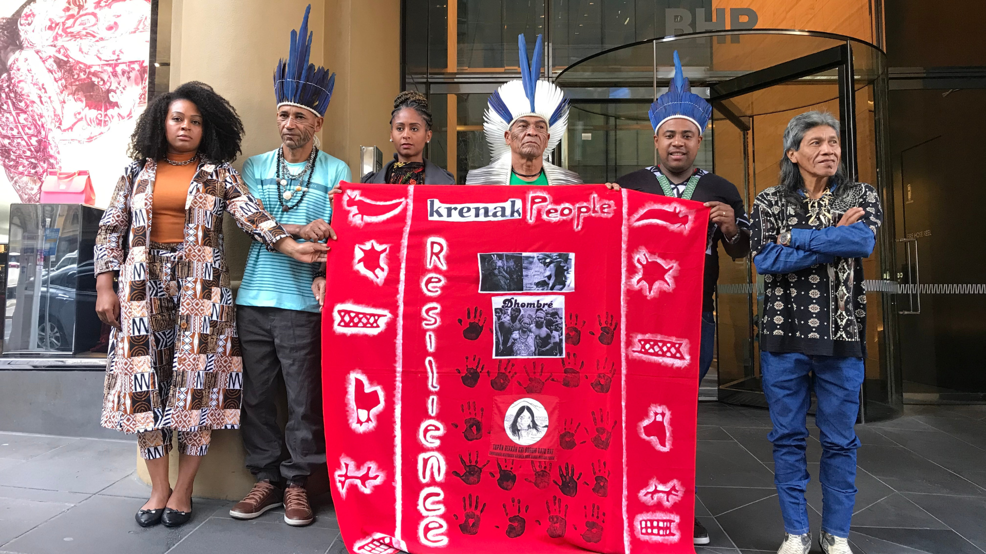 First Nations delegation from Brazil's communities directly impacted by the Samarco mine tailing dam disaster visit BHP global headquarters in Melbourne, calling for justice.