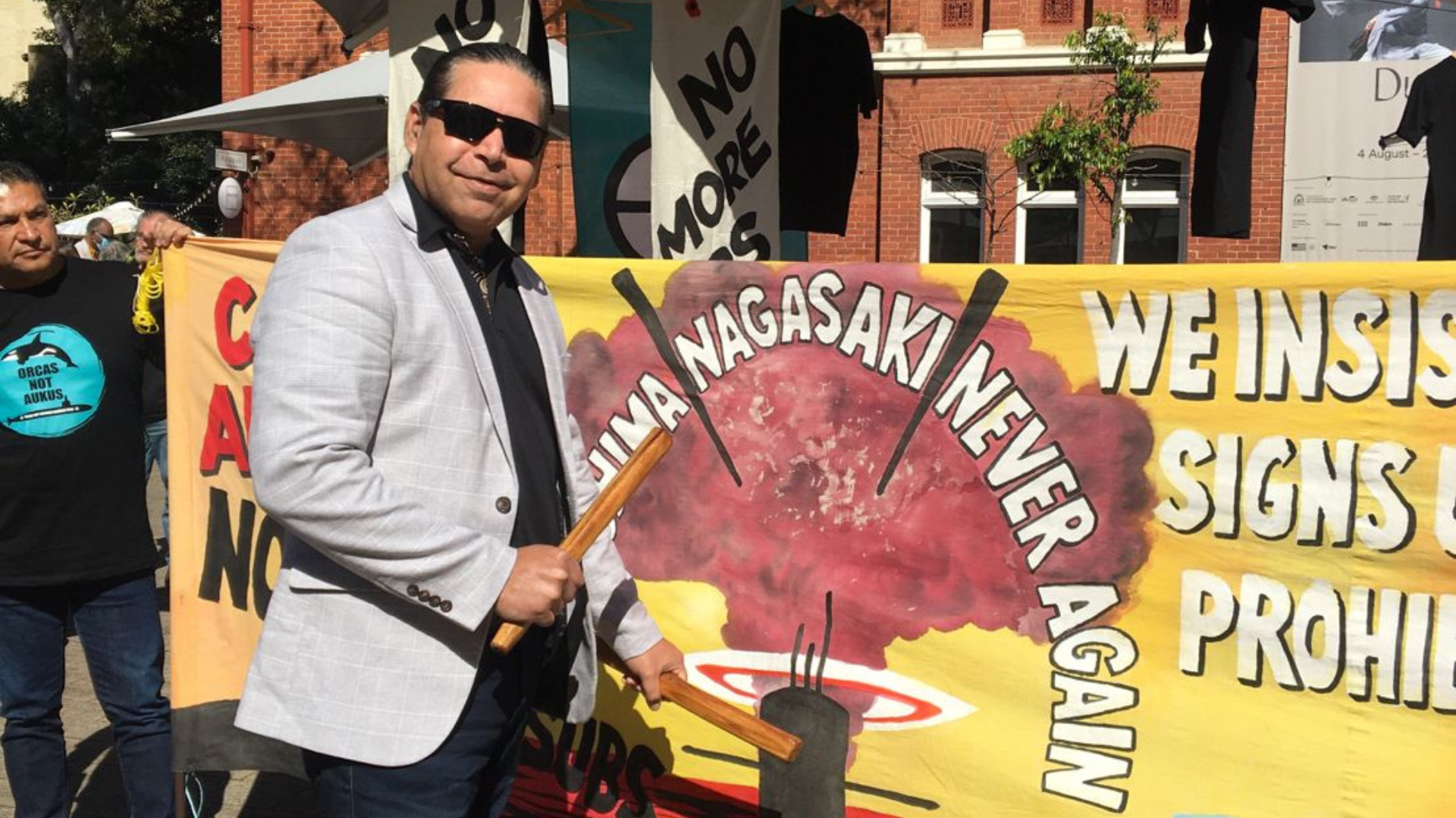 Daniel Garlett, Noongar man speaking at the Hiroshima Day rally in Boorloo 'Perth' on August 6.