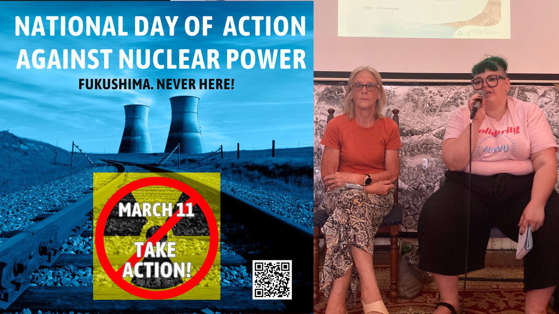 National Day of Action Against Nuclear Power, March 11.  Wendy Farmer & Steph Sabrinskas from Nuclear Free Gippsland Alliancea t the Nukes Free Gathering.