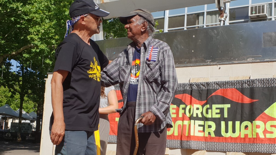 Kevin Buzzacott and Robbie Thorpe at Invasion Day Rally Canberra in 2019.