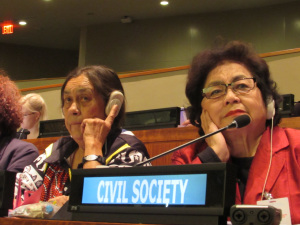 Atomic bomb survivors speaking at UN- Sue Coleman-Haseldine (Kokatha elder from South Australia) and Setsuko Thurlow (Hibukusha from Hiroshima)