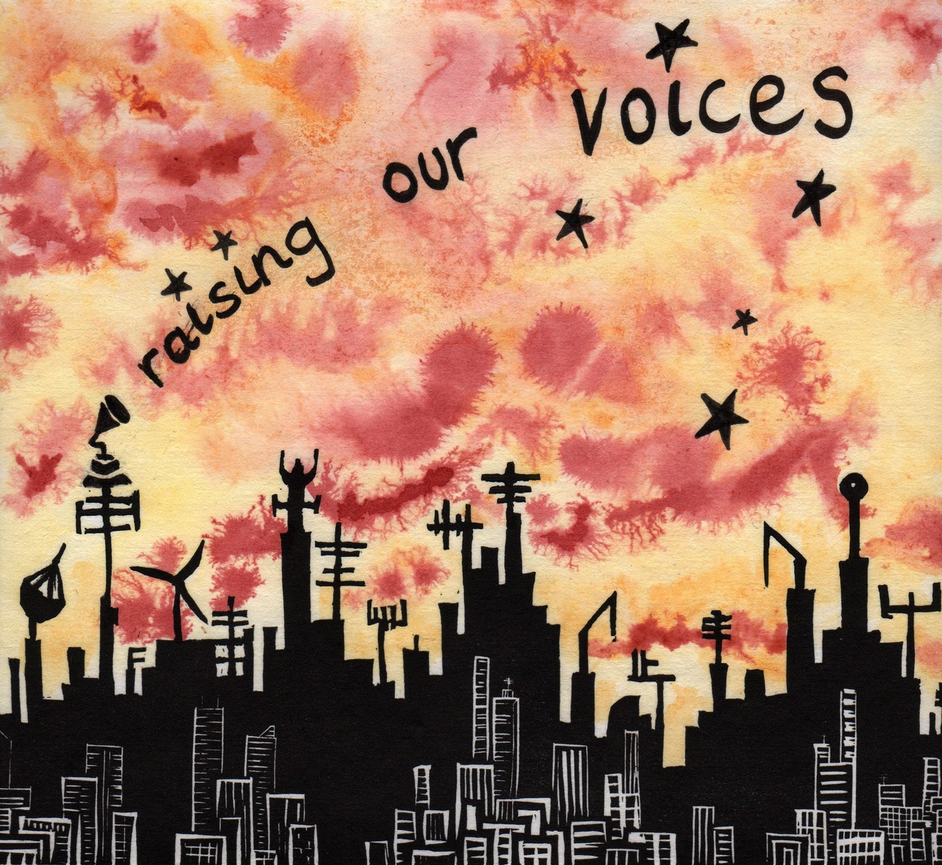 A brilliant pink sky illuminates a dark cityscape with Raising Our Voices written across the sky by artist Larissa McFarlane for the 25 year anniversary CD 