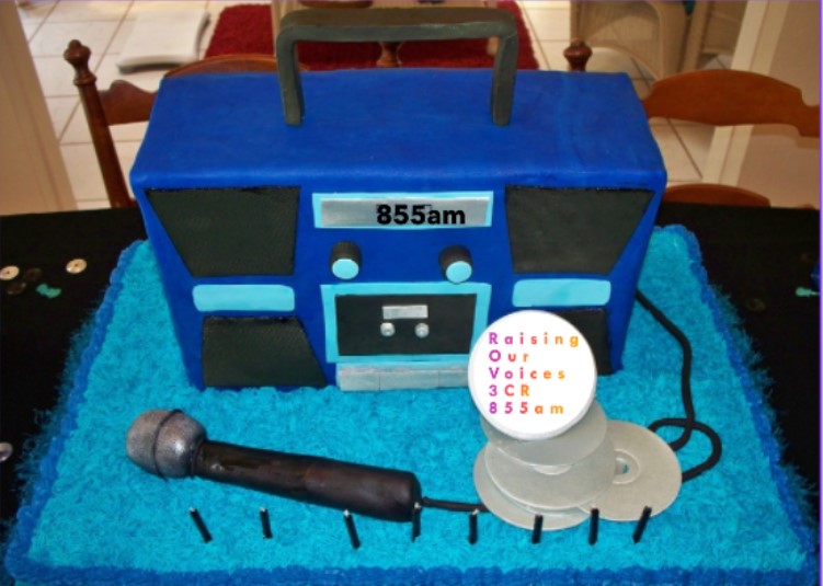 Blue Ghetto Blaster with Microphone and CDs on 3CR Radio