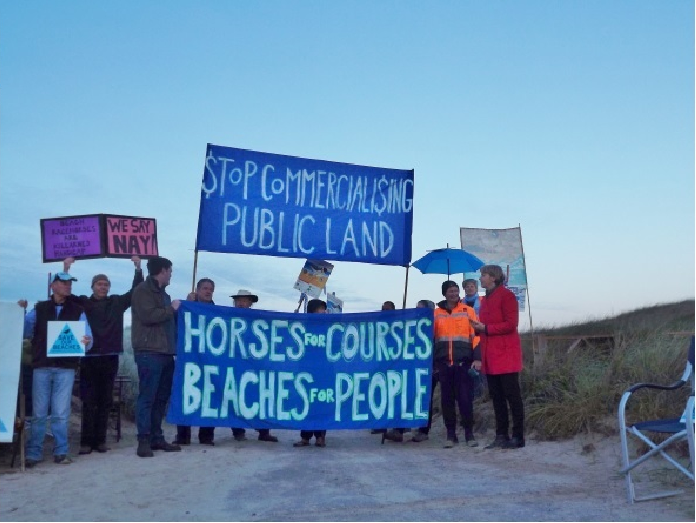 Greens Senator Janet Rice speaks to a demonstration at Killarney Beach against use of Public Places being dominated by commerical interest