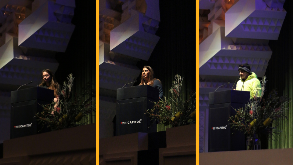 Linda Kennedy, Lidia Thorpe and Robbie Thorpe speaking at the Forum on Dwellling Justice. Photos by Klari Agar.