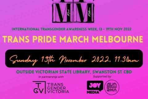 Words detailing Trans Pride March Melbourne purple background