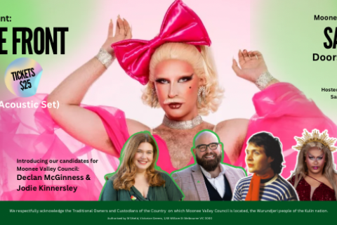 Queer to the Front promo banner pink green and white