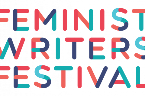 tezt in light blue red black block letters Feminist Writers Festival