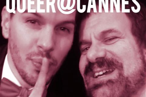 2 people of masculine appearance; one with finger over lips; one with facial hair words Queer@Cannes