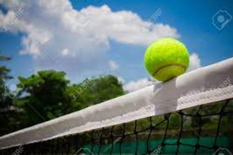 A tennis ball rests on the top of a tennis net