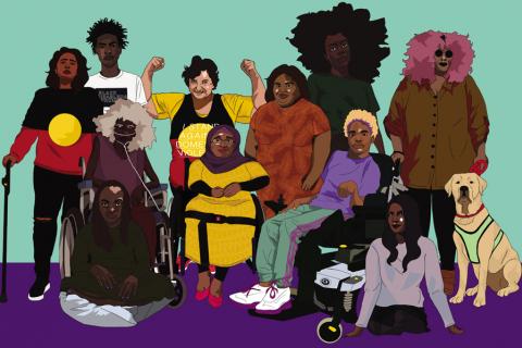 Poster art for 3CR Disability Day Broadcast 2019 by Rukaya Springle (aka clitories).   IMAGE DESCRIPTION: A colourful digital illustration of a group of people with different visible and invisible disabilities, gathered together in a group. They have different skin tones, and appear to be different ages. One of the people illustrated is Jane Rosengrave; she is flexing her biceps and wearing an Aboriginal Flag t-shirt.