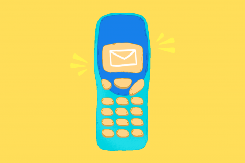 A digital drawing of old-school mobile phone with keypad in blue, turquoise and yellow. There is an envelope on the phone's screen and action lines on either side of the phone to indicate a message alert. The background is yellow.