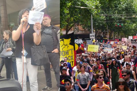 Shan Windscript speaking on left, Invasion Day protest 2020 in Melbourne in the streets, on right